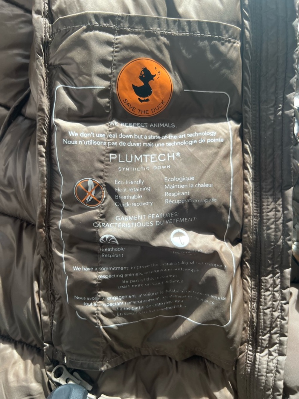 SAVE THE DUCK Olive Brown Plumtech Puffer Jacket with Orange Logo Patch